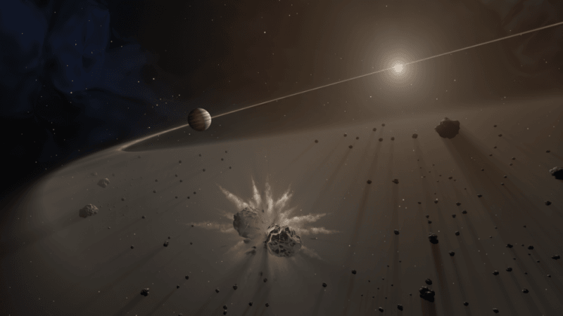 This artist's rendering shows a large exoplanet causing small bodies to collide in a disk of dust. nasa, exoplanet, debris,