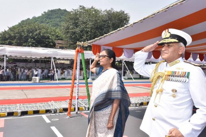 Defence minister Nirmala Sitharaman at the commissioning of the INS Kiltan. Defence minister Nirmala Sitharaman