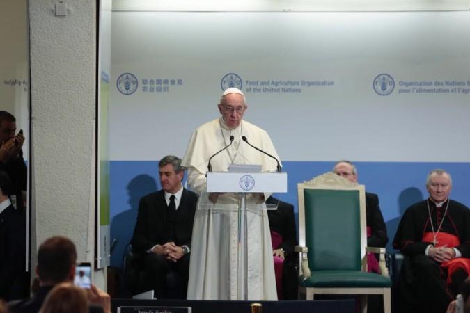 In picture: Pope Francis speaks at the UN food and Agriculture Organisation on Monday, October 16, 2017. Pope Francis