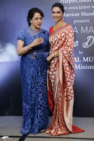 Hema Malini with Deepika Padukone during the launch of her biography Beyond the Dream Girl Deepika Hema Malini
