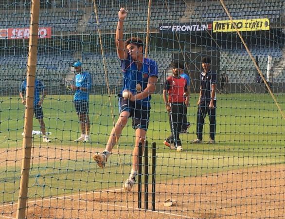 Arjun Tendulkar bowls at India's training session on Friday, October 20 in Mumbai Arjun Tendulkar
