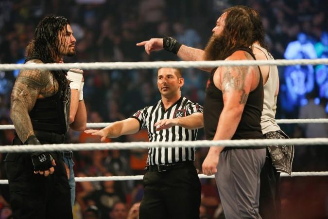 Roman Reigns and Bray Wyatt stare each other down at the WWE SummerSlam 2015 at Barclays Center of Brooklyn wwe, bray wyatt, roman reigns