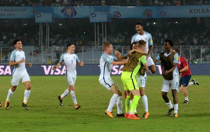 English players celebrate after winning the a Round of 16 match of FIFA U-17 World Cup 2017 between England and Japan at Salt Lake Stadium in Kolkata on Oct 17, 2017 fifa u17 world cup