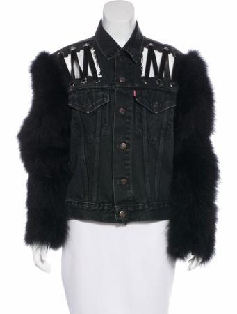Kendall Jenner fuzzy sleeved denim jacket. kendall jacket