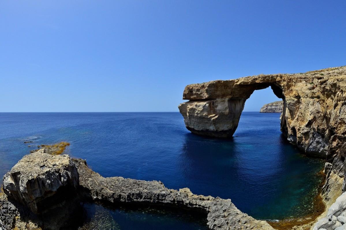 The natural arch 'The Azure Window' is seen at Dwejra Bay on May 20, 2014 in Dwejra/Gozo, Malta. Malta