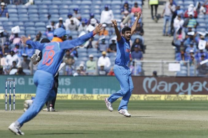 Jasprit Bumrah (right) successfully appeals for Kane Williamson's wicket - LBW, during second ODI. Jasprit Bumrah