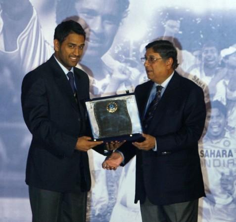 File photo of Dhoni with Srinivasan. MS Dhoni and N Srinivasan