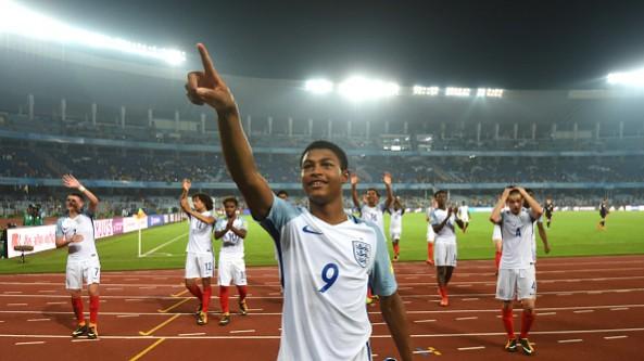 Rhian Brewster of England celebrates with the team winning the FIFA U-17 World Cup India 2017 Semi Final match between Brazil and England at Vivekananda Yuba Bharati Krirangan stadium on October 25, 2017 in Kolkata, India rhian brewster