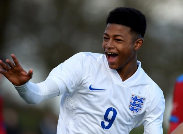 Rhian Brewster of England celebrates after scoring during the England v Czech Republic U16s International Friendly at St Georges Park on February 18, 2016 in Burton-upon-Trent, England rhian brewster