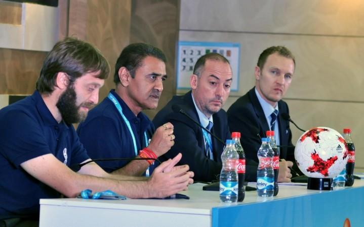 All India Football Federation (AIFF) president and Local Organising Committee chairman Praful Patel, Tournament director of the FIFA U-17 World Cup's Local Organising Committee Javier Ceppi and Head of FIFA tournaments Jaime Yarza during a press conference in Kolkata on Oct 26, 2017 fifa, indian football