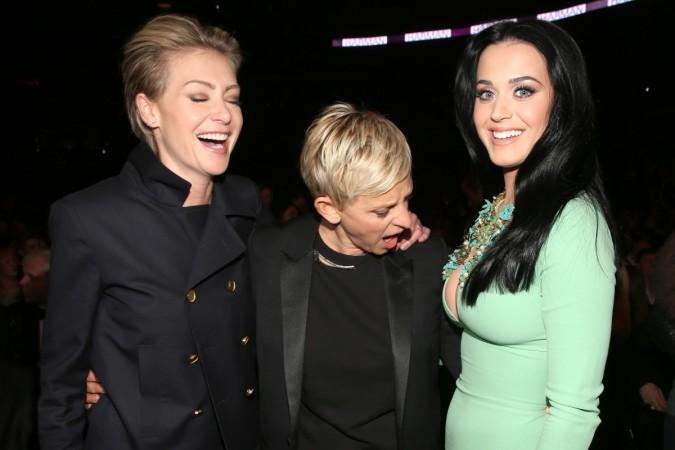 Ellen DeGeneres (M) with wife Portia diRossi (L) and Katy Perry (R). ellen