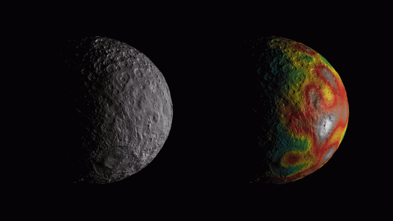 This animation shows dwarf planet Ceres as seen by NASA's Dawn. The map overlaid at right gives scientists hints about Ceres' internal structure from gravity measurements. nasa, ancient ocean, dwarf planet, Ceres,