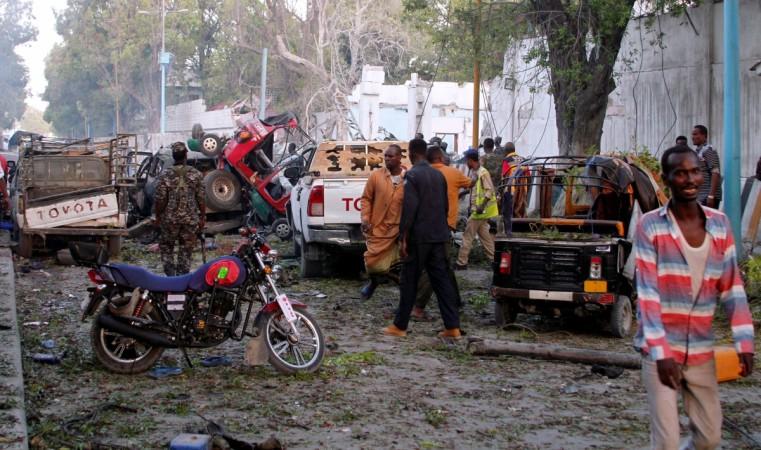 A general view shows the scene after a suicide car bomb explosion at the gate of Naso Hablod Two Hotel in Hamarweyne district of Mogadishu, Somalia October 28, 2017. Somalia blast