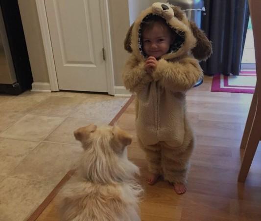 Adorable girl showing off her devious look Girl with halloween costume