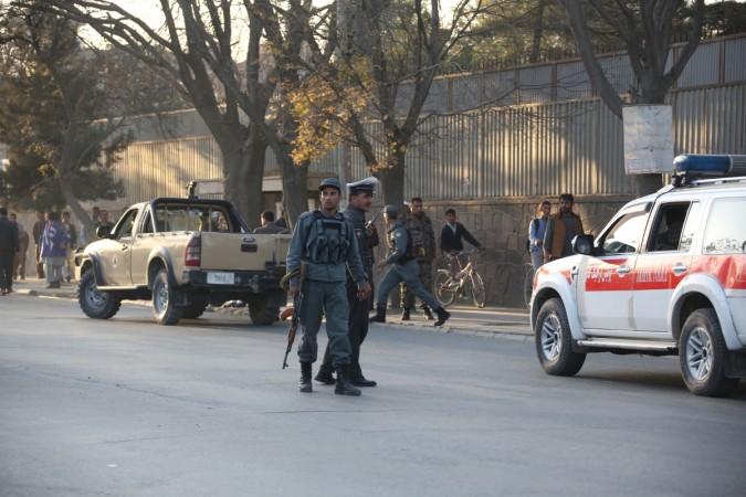 Afghan security forces stand guard at the explosion site in Kabul, capital of Afghanistan, on Oct. 31, 2017. kabul blast
