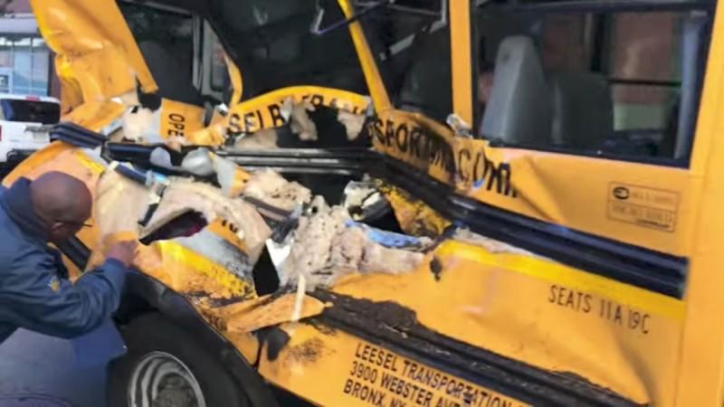 A damaged school bus is seen at the scene of a pickup truck attack in Manhattan, New York, U.S., October 31, 2017 in this picture obtained from social media. new york terror attack