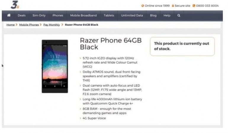 Android Razer Phone spotted on 3G.UK e-commerce website Razer, Android Phone, 120GHz refresh rate