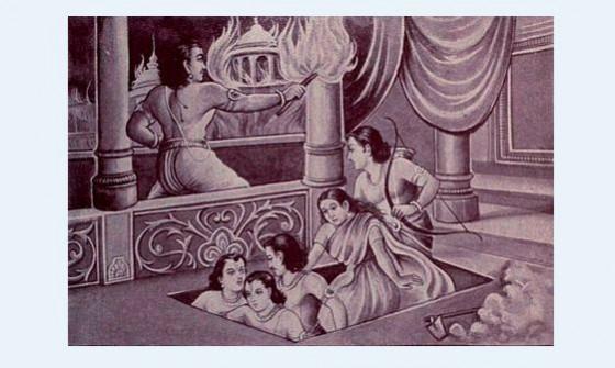 Pandavas escaping the burning Lakshagriha through a secret tunnel. mahabharata