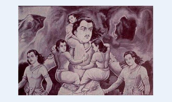 Pandavas after escaping the burning Lakshagriha through a secret tunnel and reaching the Ganga. Mahabharata