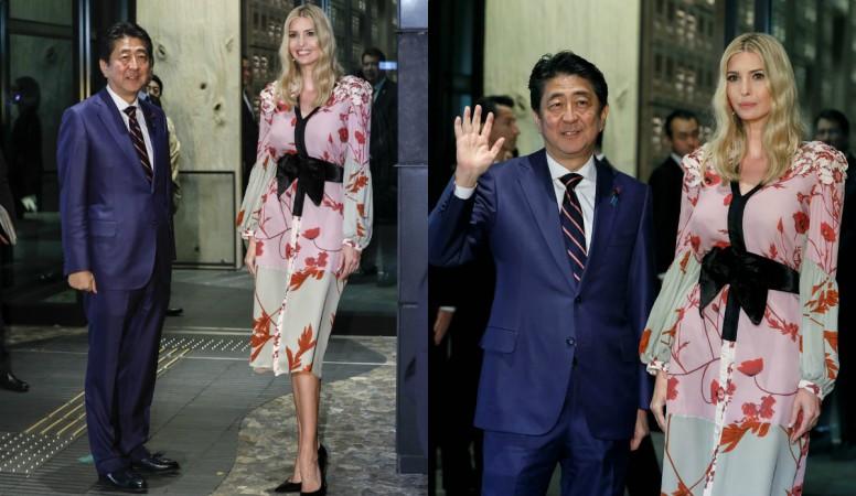 Ivanka Trump (R), Advisor to US President Donald Trump, is welcomed by Japanese Prime Minister Shinzo Abe for a dinner at a restaurant in Tokyo on November 3, 2017. Ivanka Trump and Japanese Prime Minister Shinzo Abe