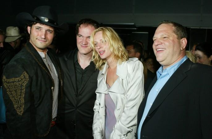 Director/musician Robert Rodriguez (L), director Quentin Tarantino, actress Uma Thurman and Miramaxs' Harvey Weinstein (R) talk at the after-party for Miramaxs' 'Kill Bill Vol. 2' at The Ivar on April 8, 2004 in Los Angeles, California. uma