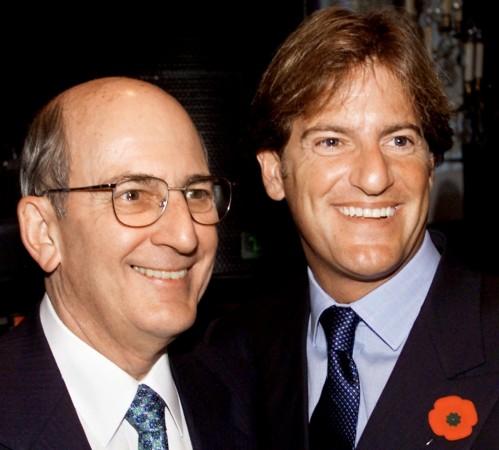 Seagram Co. Co-Chairman Charles Bronfman (L) and his son Stephen arrive for the company's annual shareholders meeting in Montreal. Stephen Bronfman, age 35, was elected to the company's board of directors at the meeting. Stephen Bronfman