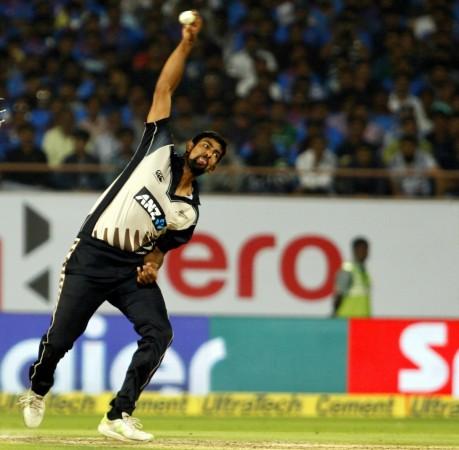Ish Sodhi of New Zealand in action during the second T20 match between India and New Zealand at Saurashtra Cricket Association Stadium in Rajkot on Nov 4, 2017 ish sodhi