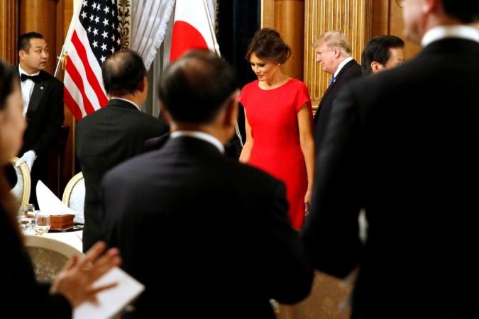 U.S. first lady Melania Trump and President Donald Trump arrive for an official dinner thrown in their honor by Japan's Prime Minister Shinzo Abe at Akasaka Palace in Tokyo, Japan November 6, 2017. Melania Trump