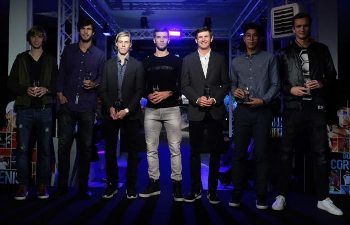 Andrey Rublev, Karen Khachanov, Denis Shapovalov, Borna Coric, Jared Donaldson, Hyeon Chung and Daniil Medvedev during draw ceremony Next Gen ATP Finals