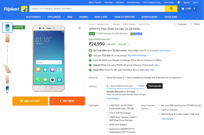 Oppo F3 Plus page on Flipkart (screenshot) Oppo F3 Plus