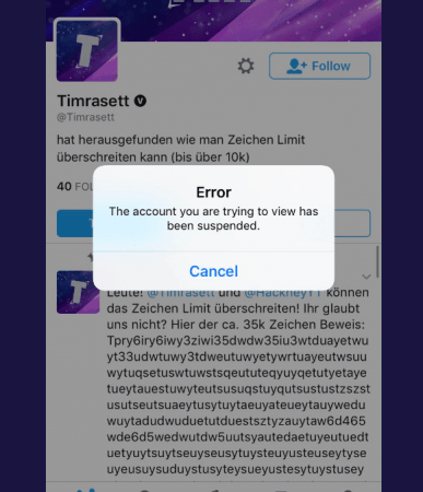 Twitter had suspended the account @Timrasett for some time after the exploit. Twitter