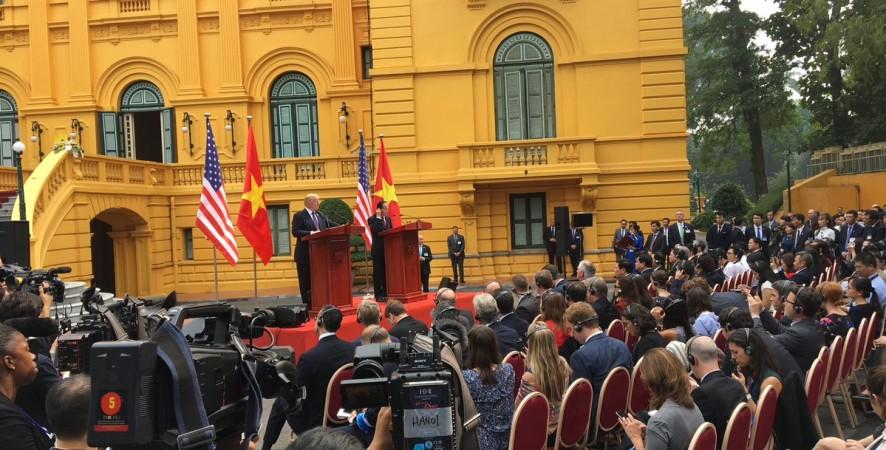 In picture: US President Donald Trump addresses a joint press conference with Vietnamese President Tran Dai Quang at the Presidential Palace in Hanoi on Sunday, November 12, 2017. US President Donald Trump