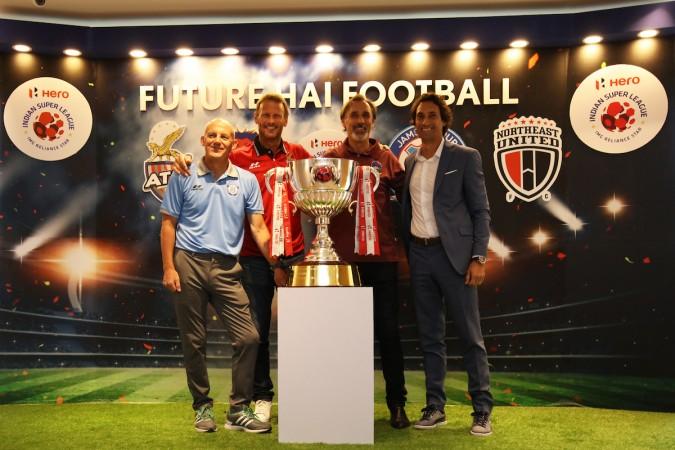 (L-R) Jamshedpur FC Head Coach Steve Coppell, ATK Head Coach Teddy Sheringham, DDFC Head Coach Miguel Portugal and NEUFC Head Coach Joad de Deus at the Media Day in Kolkata ahead of ISL season 4 indian super league, isl
