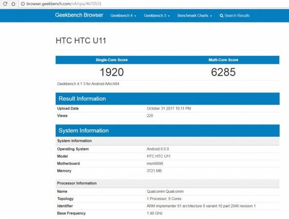 HTC U11 Android Oreo update: Flagship phone makes a stop at Geekbench running Google's new mobile OS HTC U11, Android Oreo, Geekbench, testing