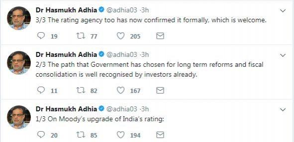 Hasmukh Adhia's tweets on Moody's rating upgradation. Hasmukh Adhia