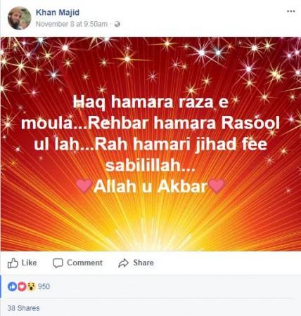 Majid Khan's Facebook post declaring he had joined LeT. Majid Khan's Fb post