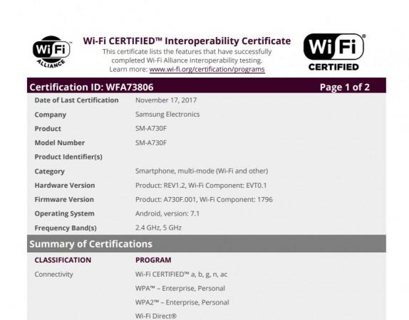 Samsung's 2018-series Galaxy A7, A5 get Wi-Fi certification: New Android phones launch imminent Samsung, Galaxy A7, 2018, SM- A730F, Wi-Fi Alliance, certifications