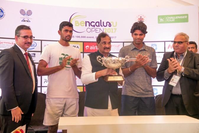 Kumar Pushkar, Managing Director, Karnataka State Tourism Development Corporation, Suraj Prabodh, KJ George, Hon'ble Minister for Bengaluru Development and Town Planning, Vishnu Vardhan and Sunil Yajaman, Tournament Director during the trophy unveiling ceremony of the US $ 100,000 Bengaluru Open 2017 ATP Challenger tennis tournament at the KSLTA on Saturday. Bengaluru Open