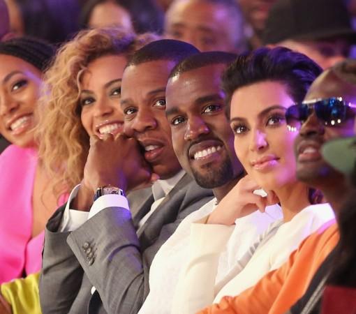(L-R) Singer Beyonce, rappers Jay-Z and Kanye West and television personality Kim Kardashian attend the 2012 BET Awards at The Shrine Auditorium on July 1, 2012 in Los Angeles, California. bey n kim k