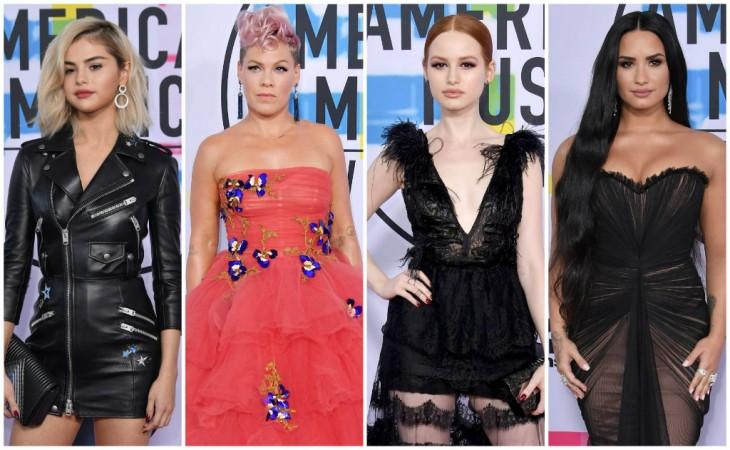 (L to R) Selena Gomez, P!nk, Madelaine Petsch and Demi Lovato at the American Music Awards 2017 red carpet. amas 2017 fashion