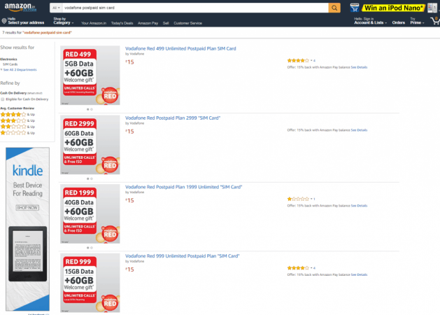 Vodafone Postpaid SIM cards listed on Amazon.in (screenshot) Amazon SIM