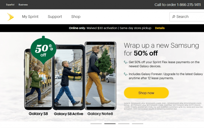 50 percent off on Samsung Galaxy S8 promo as seen on Sprint's website (screenshot) Sprint