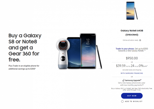 Samsung Black Friday Deals on galaxy Note 8 (screenshot) Samsung Black Friday