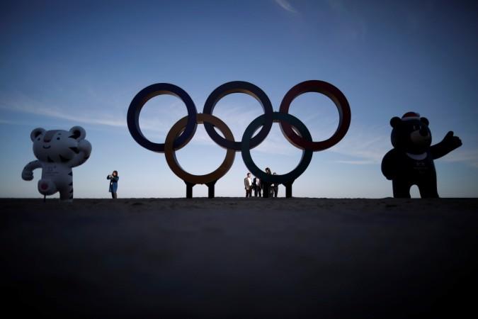 The 2018 PyeongChang Winter Olympics mascot Soohorang, Paralympics mascot Bandabi and the Olympic Rings South Korea 2018 Winter Olympics