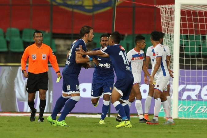Chennaiyin FC's Inigo Calderon (left) celebrates his goal against FC Goa in the ISL 2017-18 chennaiyin fc, isl