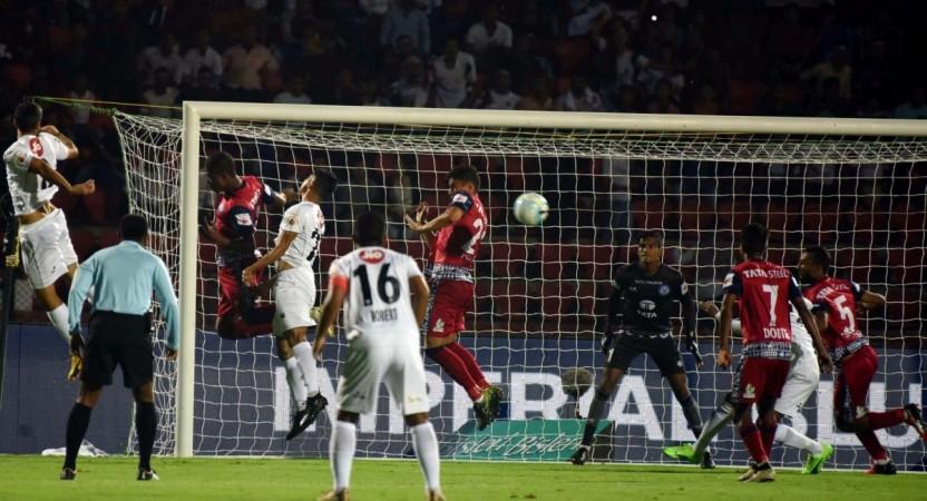 Guwahati: Players in action during Indian Super League (ISL) 2017 match between NorthEast United FC and Jamshedpur FC isl