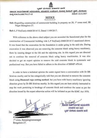 The second notice issued by BBMP to the errant builder. Yielded ZERO result BBMP Notice to builder