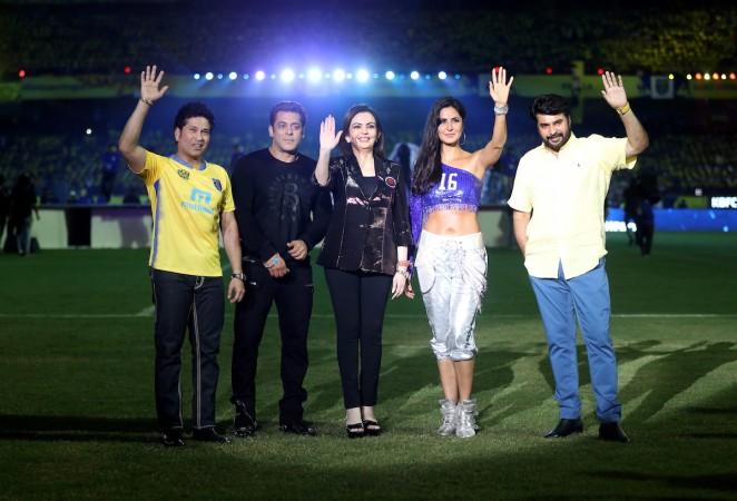 The ISL 2017 opener saw an opening ceremony that received mixed reactions. (L-R) Kerala Blasters co- owner Sachin Tendulkar, actor Salman Khan, Reliance Foundation Founder Nita Ambani and actors Katrina Kaif, Mammootty during the opening ceremony of Indian Super League (ISL) at Jawaharlal Nehru Stadium in Kochi on Nov 17, 2017 isl