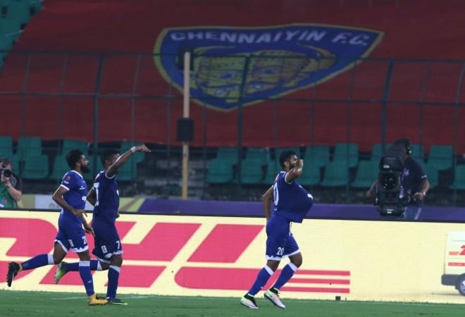 Mohammed Rafi of Chennaiyin FC celebrates his team's third goal against NorthEast United FC at Jawaharlal Nehru Stadium in Chennai on Nov 23, 2017 chennaiyin fc, isl