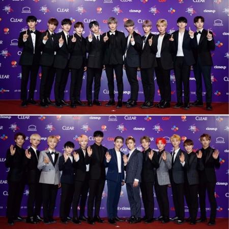 The members of popular K-Pop boy bands, Wanna One (top) and SEVENTEEN (bottom) at Mnet Asian Music Awards 2017. MAMA 2017